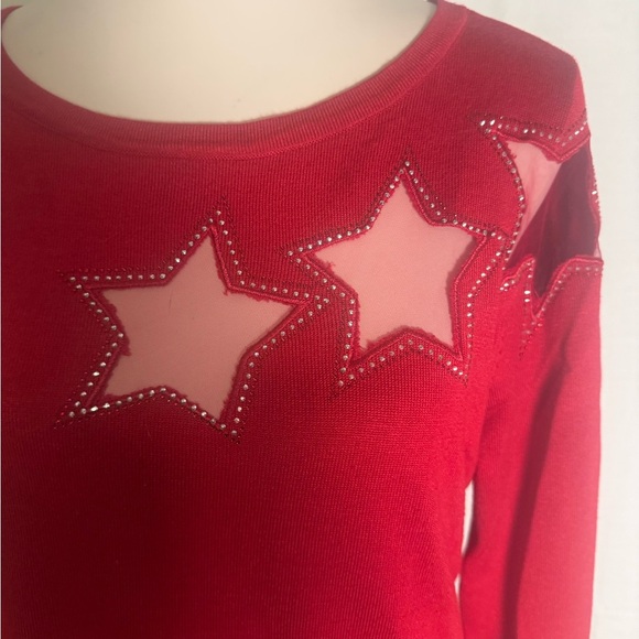 A Love Story Red Sweater XL Rhinestone Sheer Star Detail - Picture 4 of 9